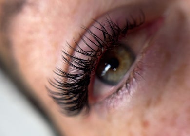 Close-up of eyelash extensions at Refined by Rhianna, Bangor, Northern Ireland, GB.
