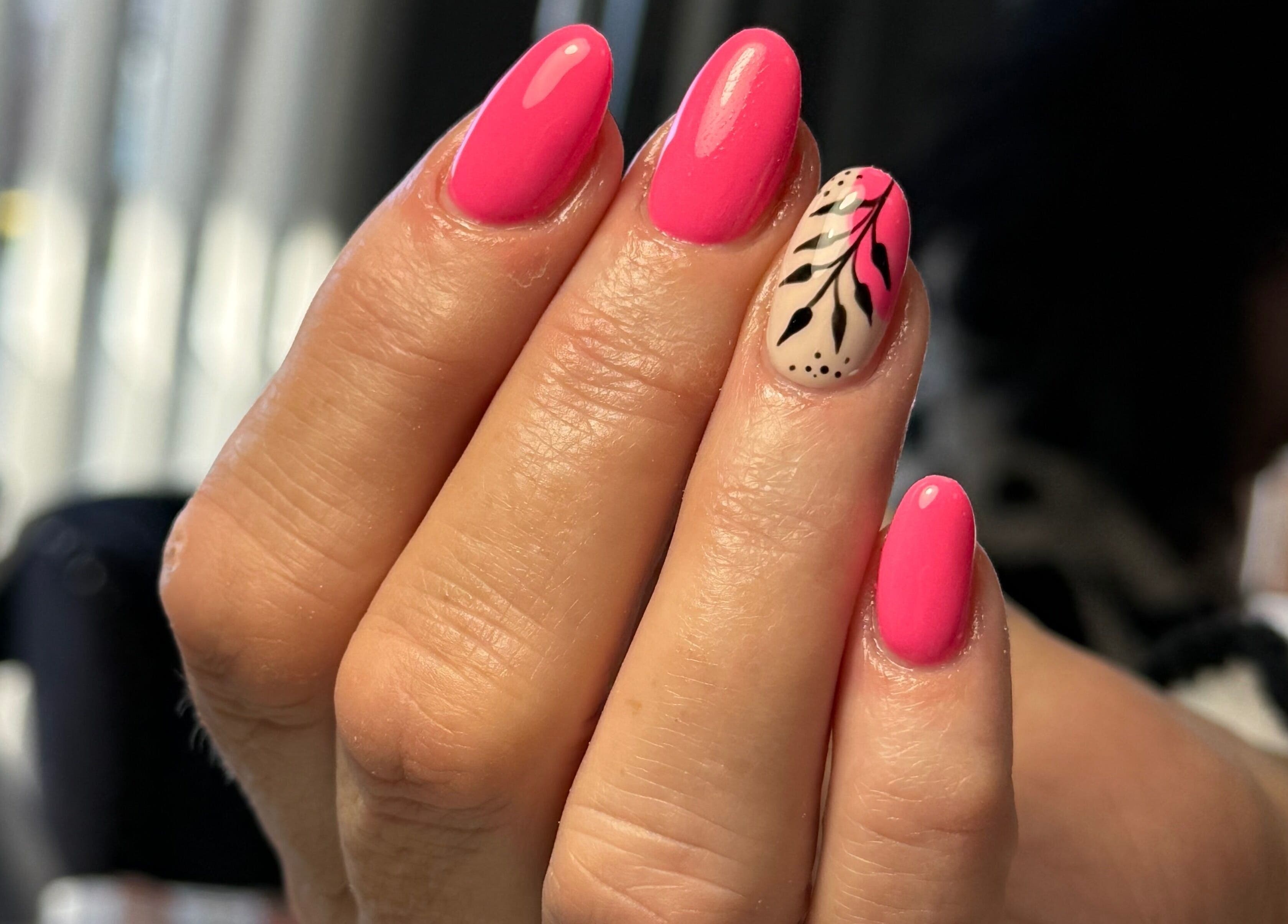 Stylish pink nails with floral art at Nails By Somy, Bredbury, England, GB, showcasing expert nail design.