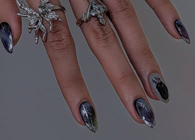 Intricate nail art with butterfly rings at Secret Butterfly Nails and Beauty, Sydney, New South Wales, AU.