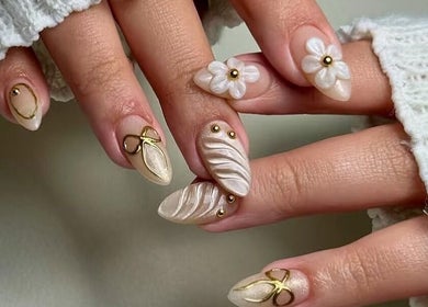 Elegant floral and gold nail art at Secret Butterfly Nails and Beauty, Sydney, New South Wales, AU.