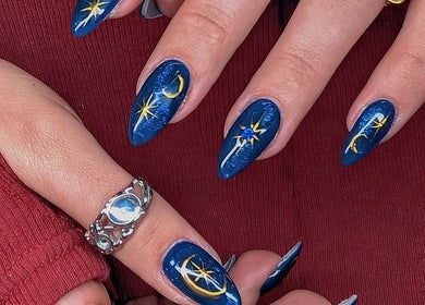 Elegant celestial-themed nail art at Secret Butterfly Nails and Beauty, Sydney, New South Wales, AU.