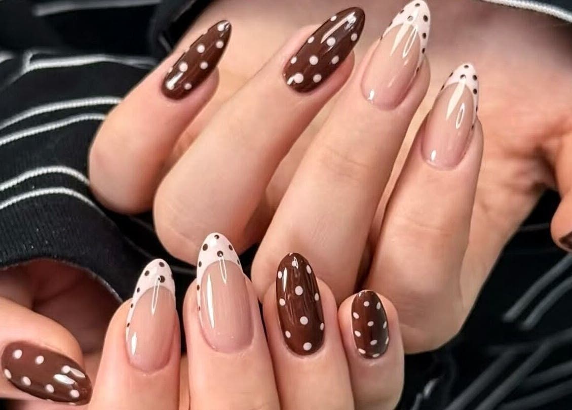 Polka dot manicure at Secret Butterfly Nails and Beauty, Sydney, New South Wales, AU.