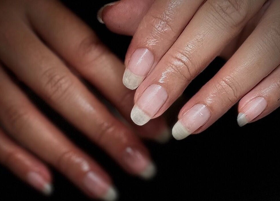 Close-up of manicured nails at Milkshake Nails & Tan in Waitara, Taranaki, NZ showcasing natural nail care.