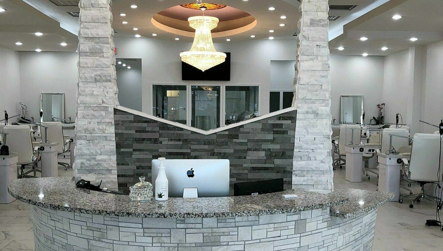 Elegant reception area at Teresa's Beauty Bar in Colonial Heights, Virginia, US.