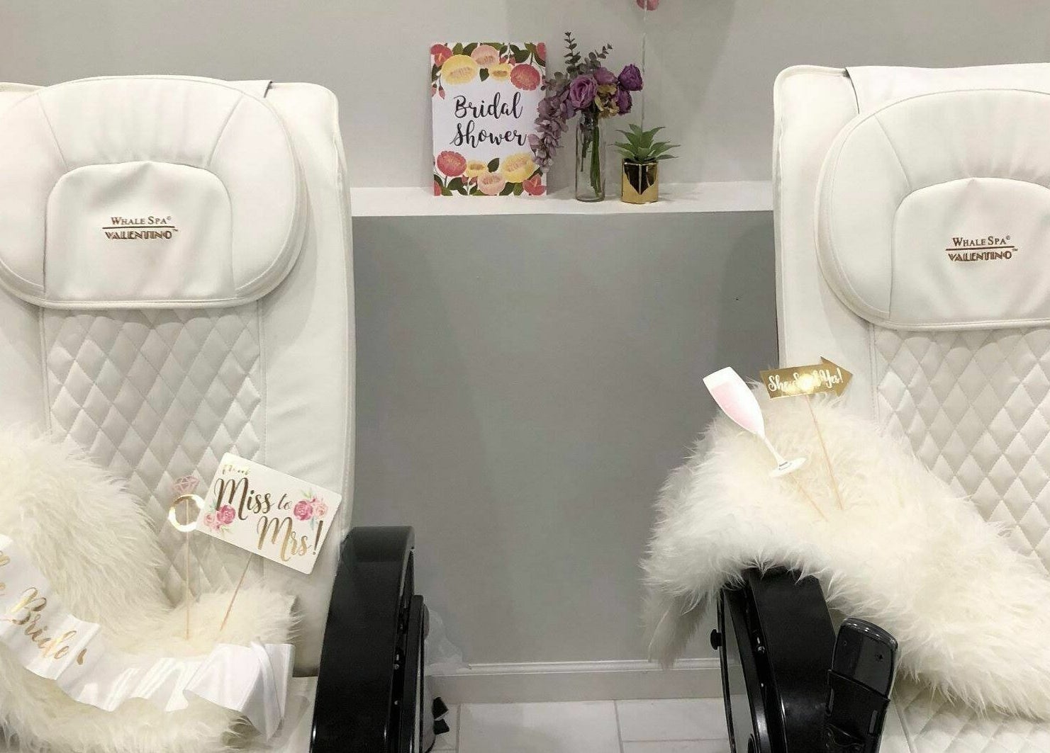 Elegant bridal-themed spa chairs at Teresa's Beauty Bar, Colonial Heights, Virginia, US.
