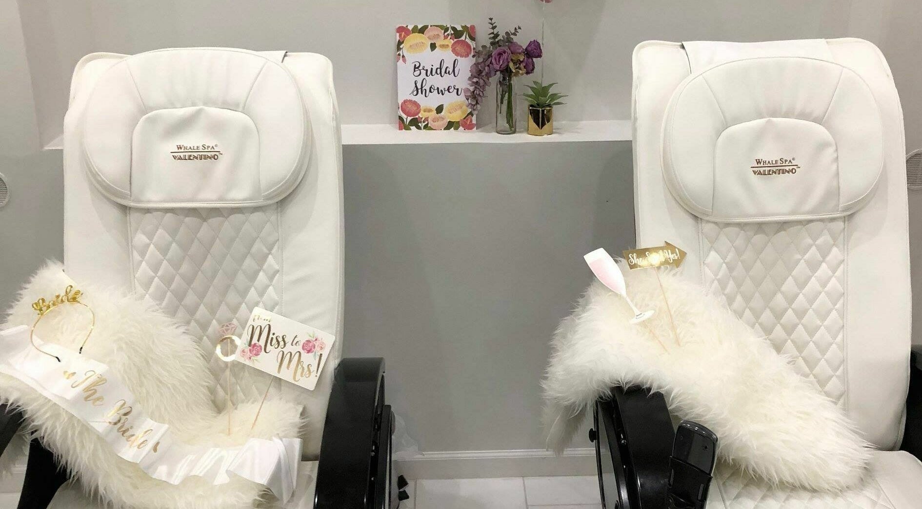 Elegant bridal-themed spa chairs at Teresa's Beauty Bar, Colonial Heights, Virginia, US.