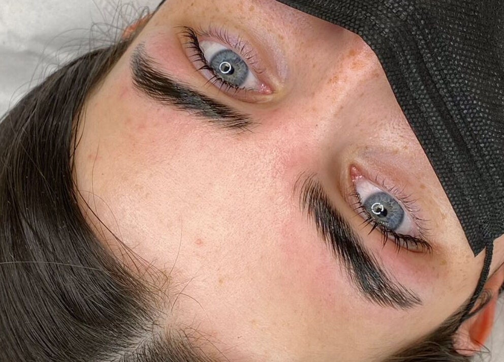 Close-up of styled brows and lashes at Naturalise Lash & Brow Studio, Addlestone, England, GB.