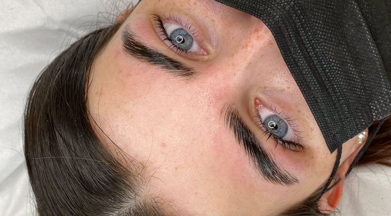 Close-up of styled brows and lashes at Naturalise Lash & Brow Studio, Addlestone, England, GB.