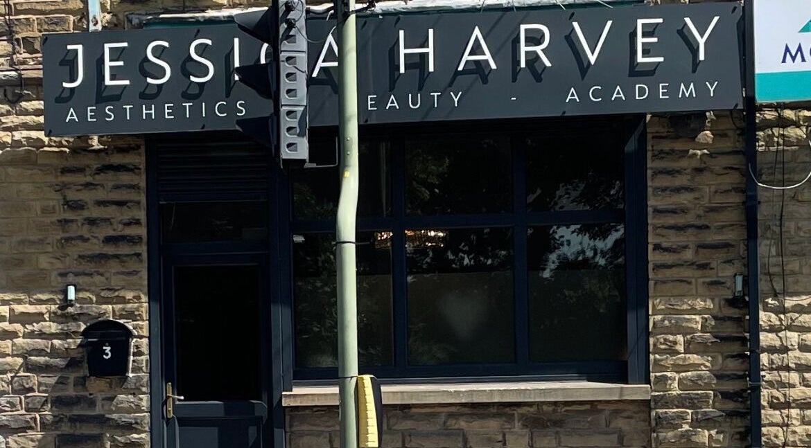 Jessica Harvey aesthetics, beauty and training academy signage at Royston, England, GB.