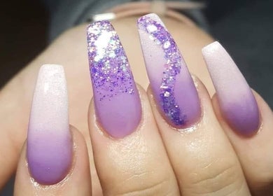 Stunning purple ombre nails with glitter by Nails By Kaili-Jade in Nuneaton, England, GB.
