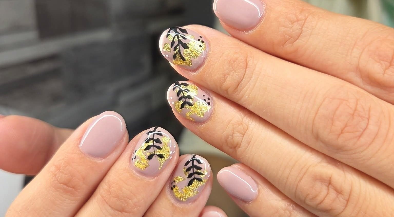 Intricate black and gold nail art at Nails By Kaili-Jade, Nuneaton, England, GB.