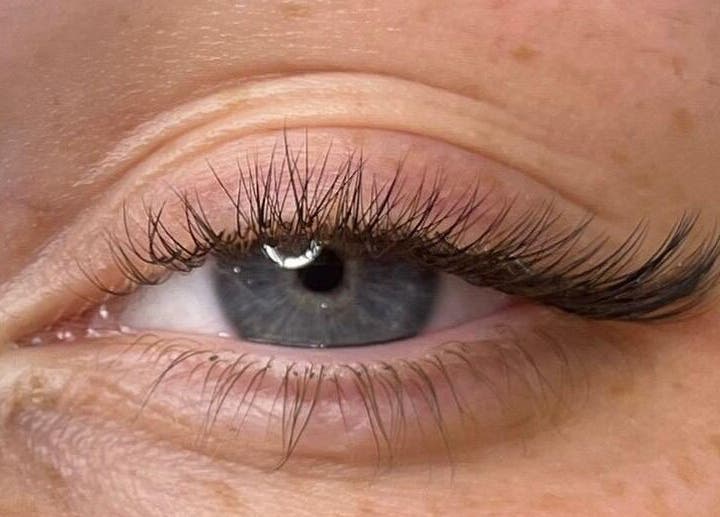 Close-up of beautifully enhanced eyelashes at Koi Beauty London, located in London, England, GB.