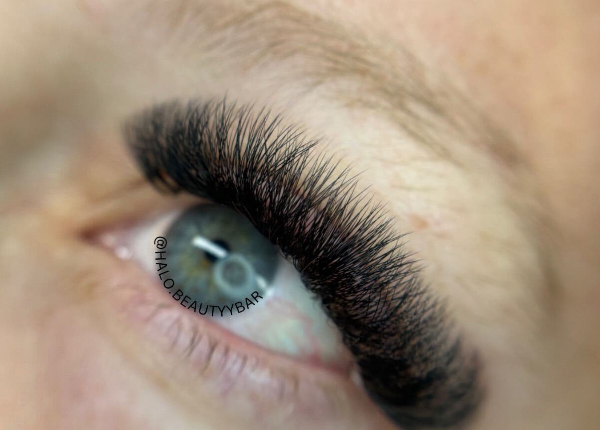 Close-up of expertly applied eyelashes at Halo Beauty Bar, Mudgeeraba, Queensland, AU.