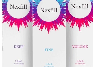Nexfill aesthetic products at Diamond Luxe Aesthetics, Uxbridge, England, GB showcase vibrant packaging.