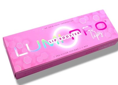 Lumiere Pro lip booster packaging at Diamond Luxe Aesthetics, Uxbridge, England, GB. Vibrant pink box design.
