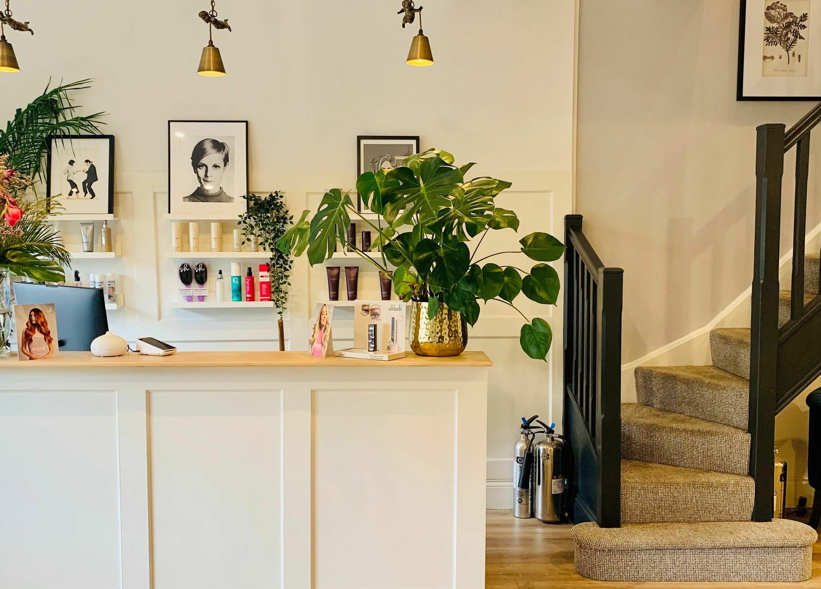 Elegant reception area of Dandy Hair salon in Hull, England, GB with plants and chic decor.