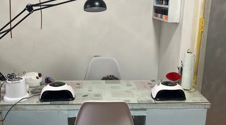 Manicure station at SK Nail and Beauty Bar, Soweto, Gauteng, ZA. Features stylish equipment for nail care.