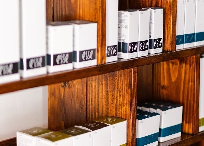 Beauty product shelves at Perfectly Beautiful in Bloemfontein, Free State, ZA showcasing skincare items.