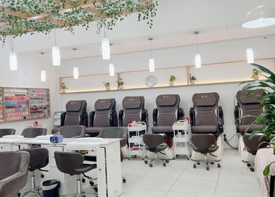 Relaxing nail salon interior at Prosperity Nails & Beauty, North Melbourne, Victoria, AU with plush seating.