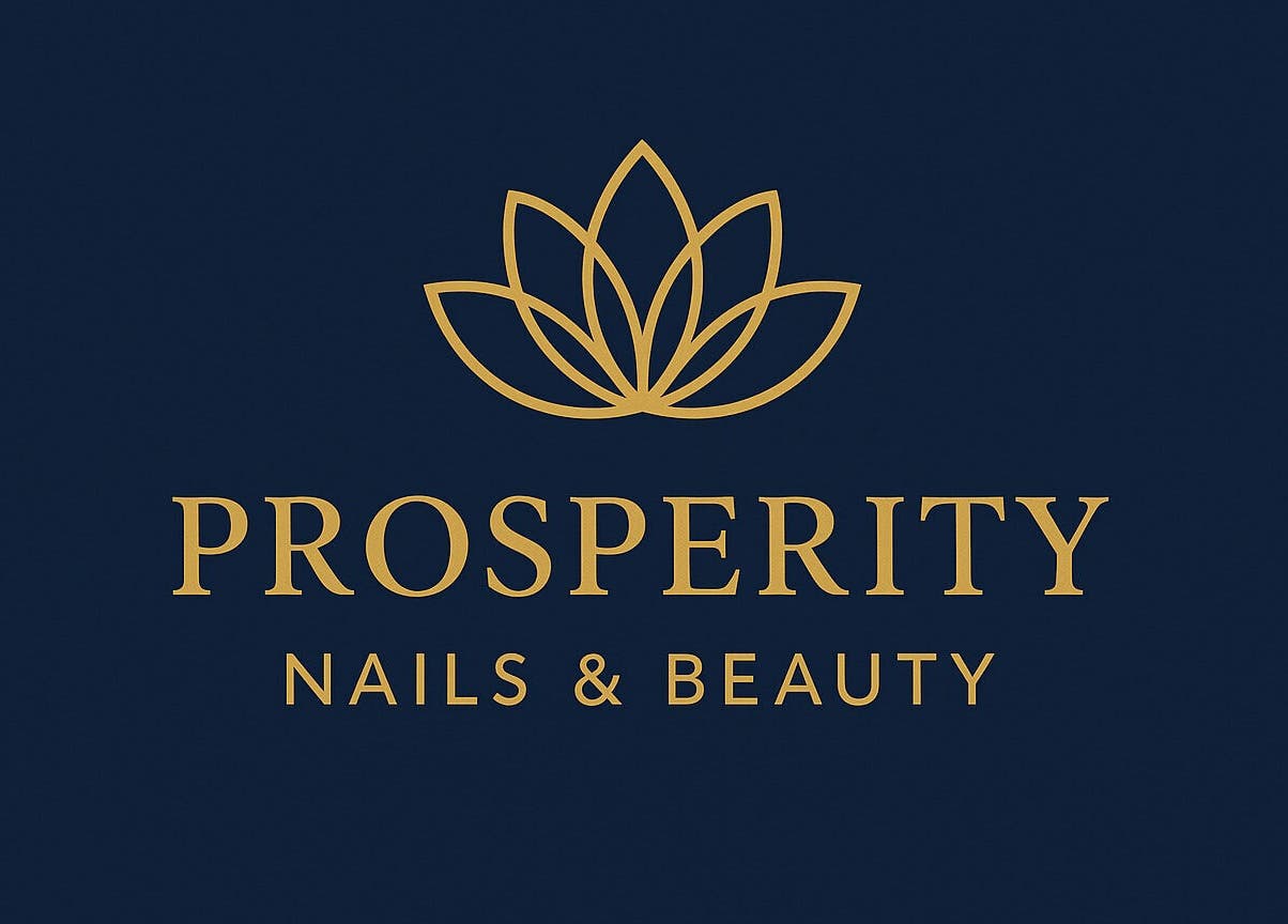 Logo of Prosperity Nails & Beauty in North Melbourne, Victoria, AU featuring a gold lotus on navy background.