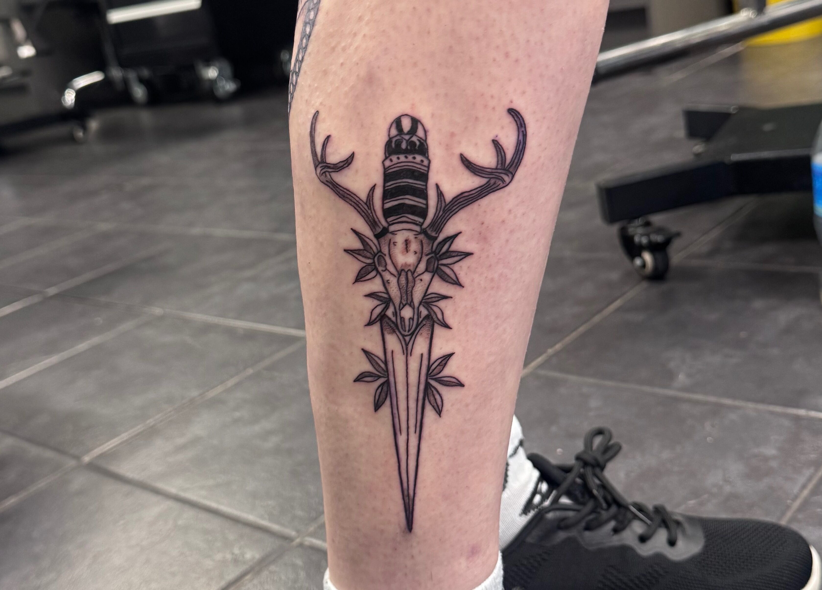 Intricate stag tattoo design on leg at Asatru Tattoos, Cardiff, Wales, GB.