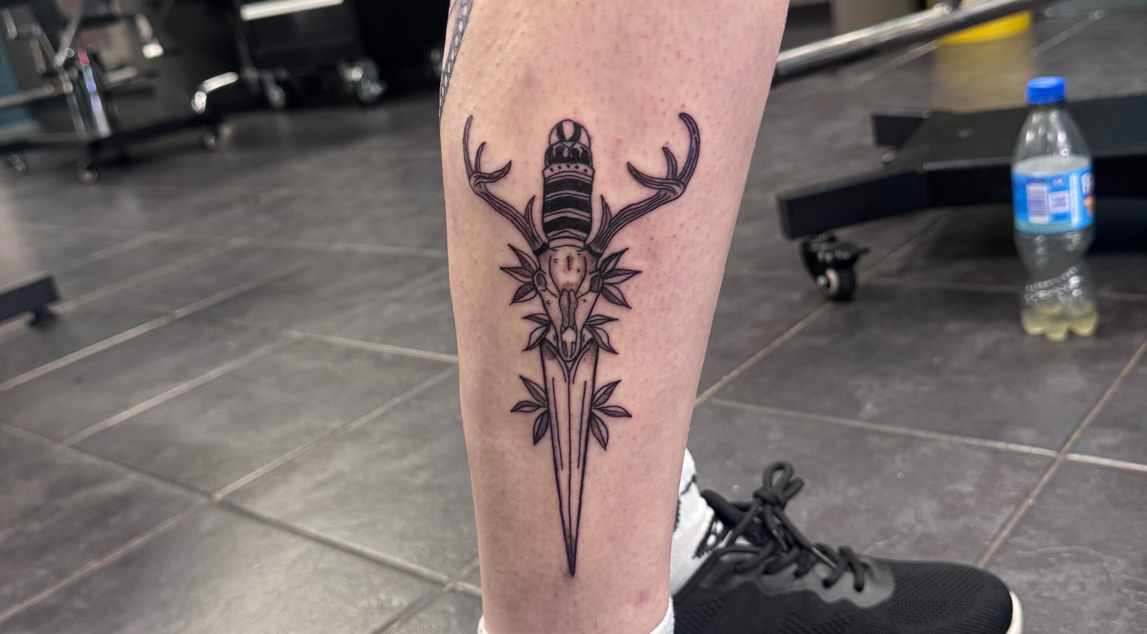 Intricate stag tattoo design on leg at Asatru Tattoos, Cardiff, Wales, GB.