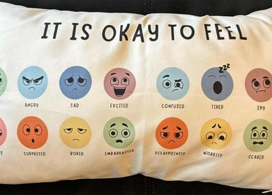 Emotion-themed pillow at Jane Sandford Hypnotherapy and Holistic Health, Liskeard, England, GB, showcasing various feelings.
