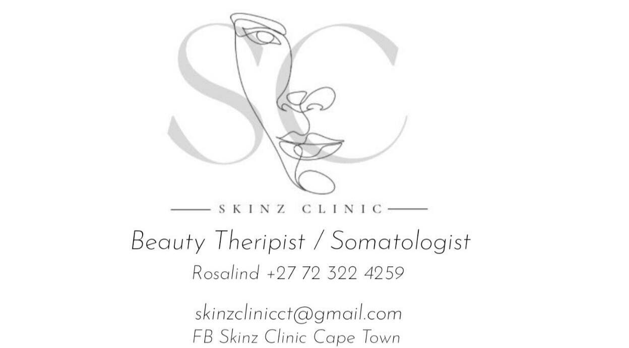 Skinz Clinic logo with contact info, Cape Town, Western Cape, ZA, exemplifies elegance in beauty therapy.