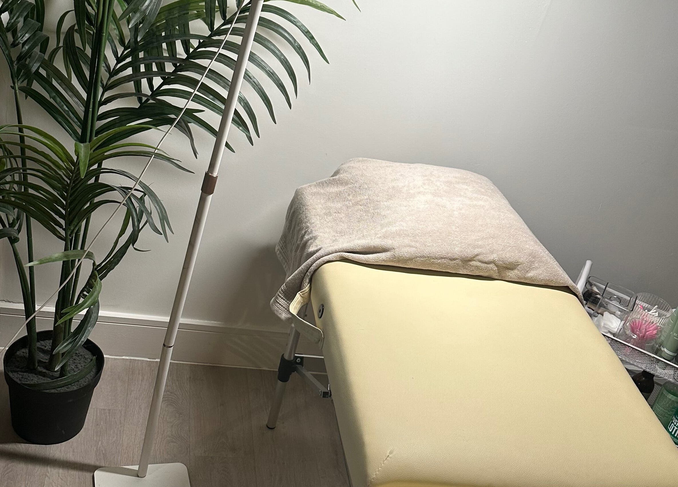 Relaxing spa room at Coleysbrows, Locking Parklands, England, GB with treatment bed and plants.