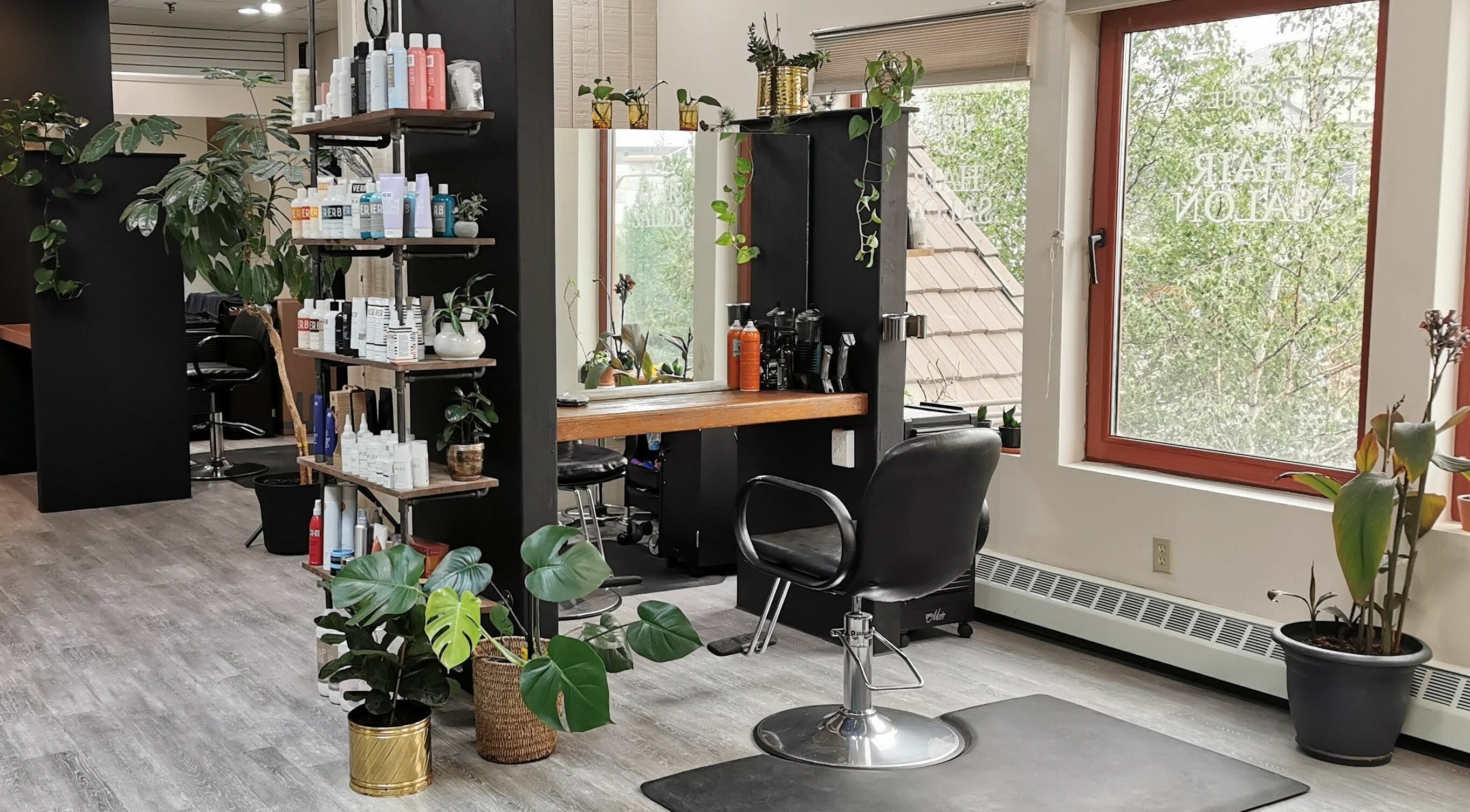 En Vogue Banff Salon interior showcasing stylish decor and seating, Banff, Alberta, CA.