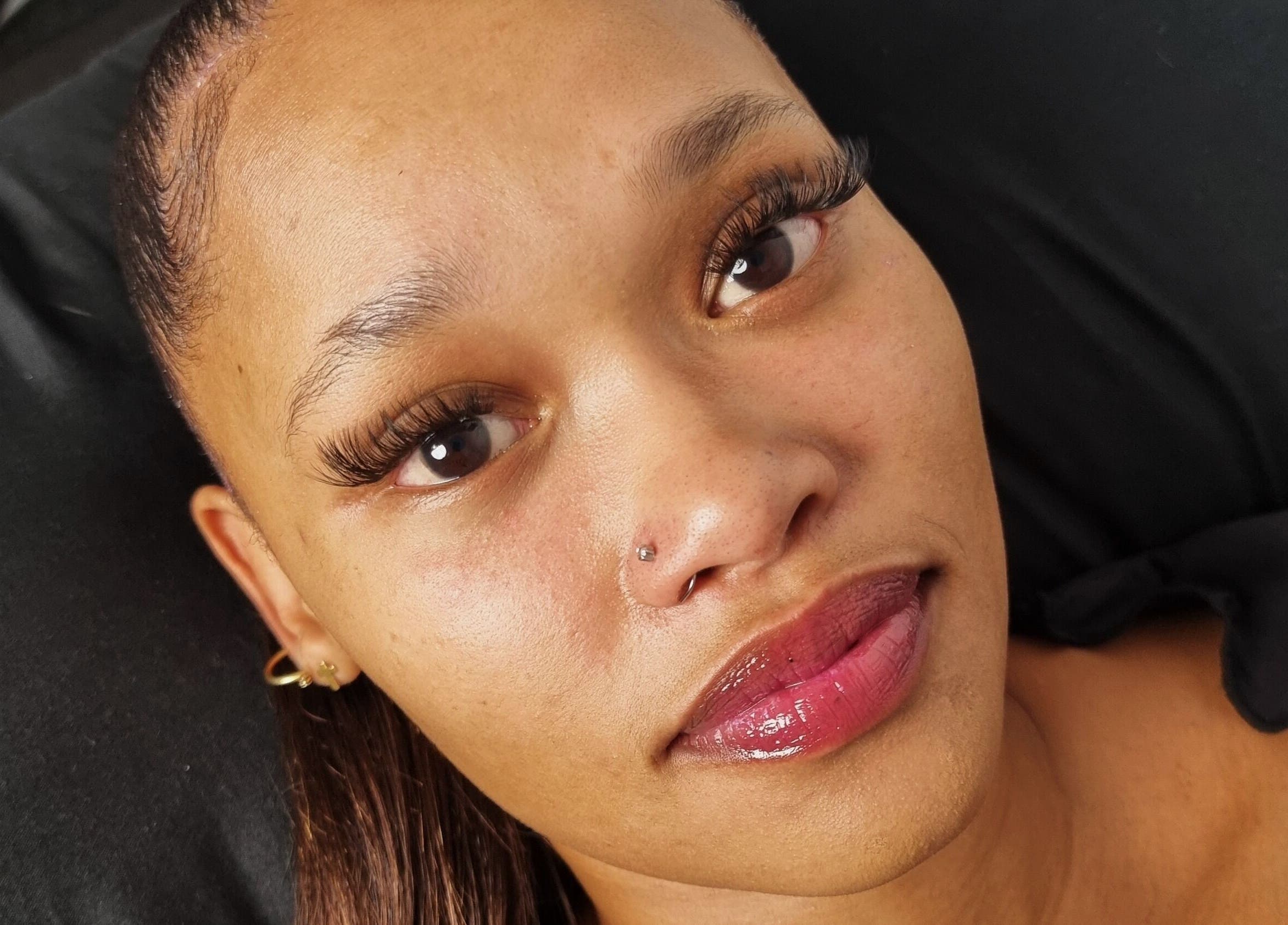 Close-up of woman with enhanced lashes at Aura Beauty, Westville, Kwazulu-natal, ZA.