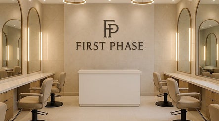 Elegant beauty salon interior at First Phase, Orlando, Florida, US, showcasing stylish mirrors and salon chairs.