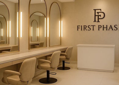 Chic beauty station at First Phase in Orlando, Florida. Mirrors and plush chairs offer a luxurious experience.