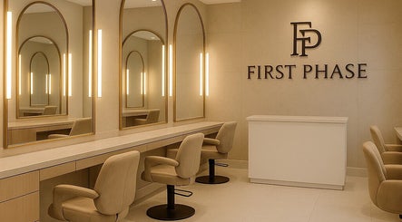 Chic beauty station at First Phase in Orlando, Florida. Mirrors and plush chairs offer a luxurious experience.