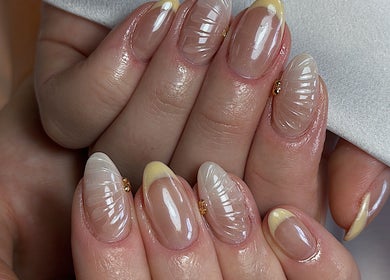 Elegant manicure with subtle nude and gold design at Five Star Nails Mission Bay, Auckland, Auckland, NZ.