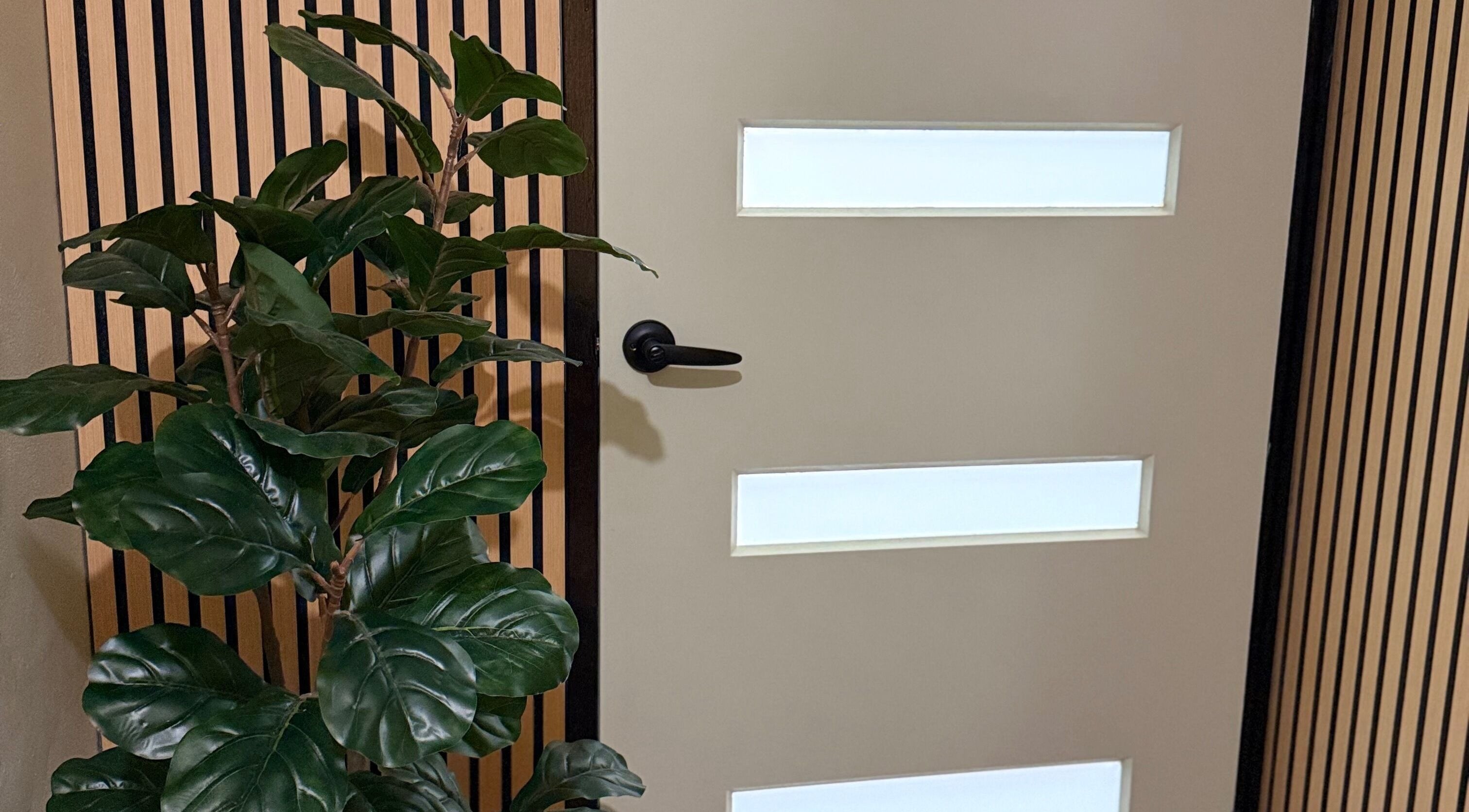 Entrance at Lift Your Soul Head Spa, Katherine South, showcasing modern door and lush plant decor.