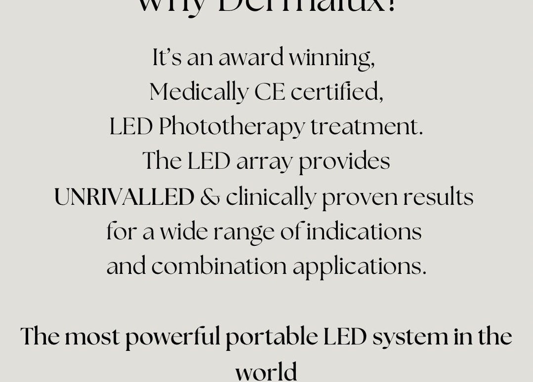 Text highlighting LED phototherapy at Get Selfish Skin Clinic, Stebbing, England, GB, noting awards and certification.
