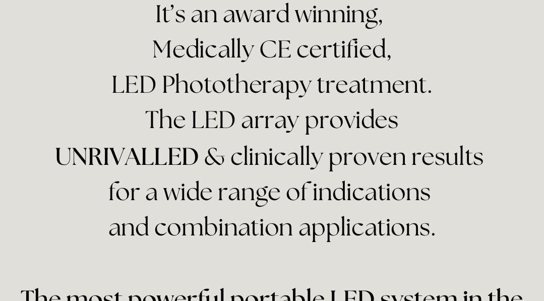 Text highlighting LED phototherapy at Get Selfish Skin Clinic, Stebbing, England, GB, noting awards and certification.