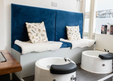 Effulgent Beauty pedicure station with plush seating, London, United Kingdom, GB.