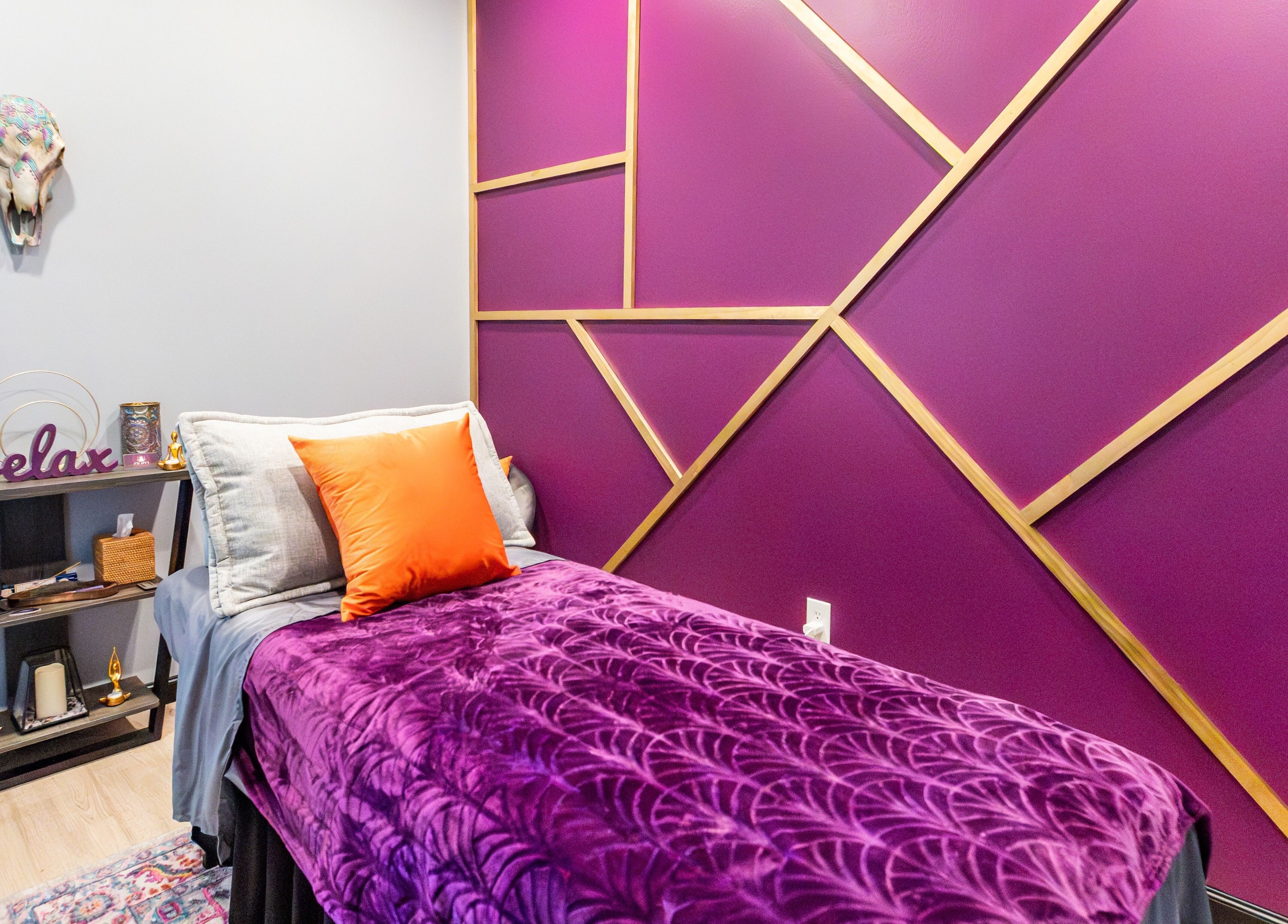 Purple-themed relaxation room at Aura Holistic and Metaphysical Wellness, Spring, Texas, US.