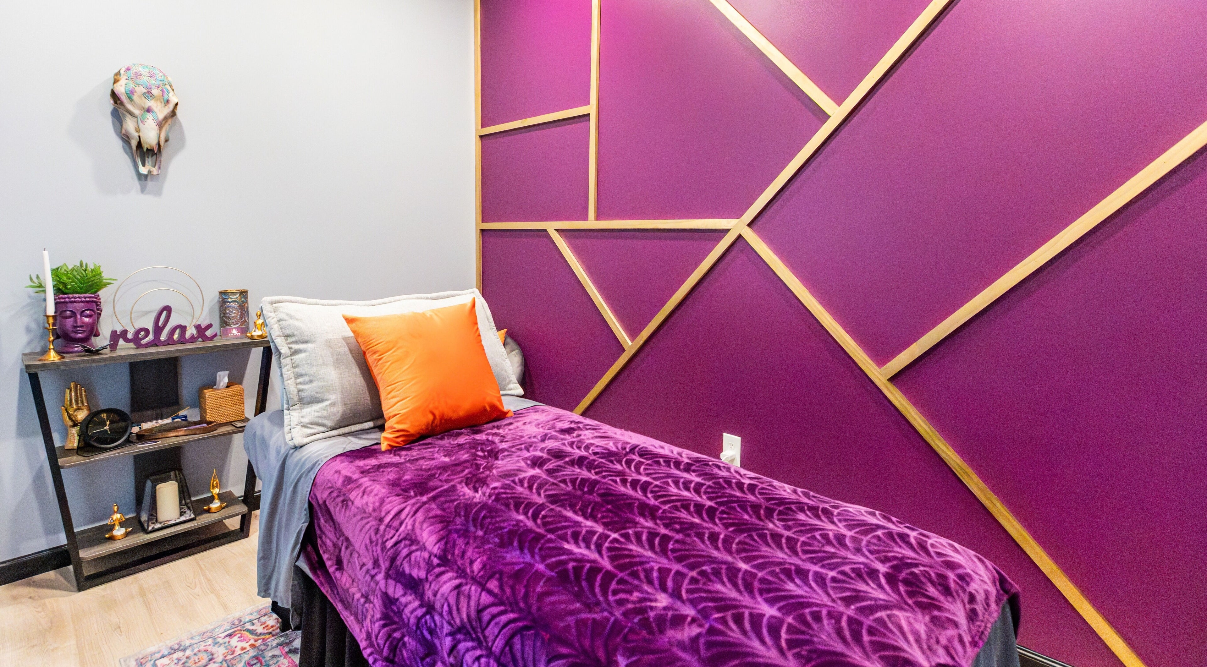 Purple-themed relaxation room at Aura Holistic and Metaphysical Wellness, Spring, Texas, US.