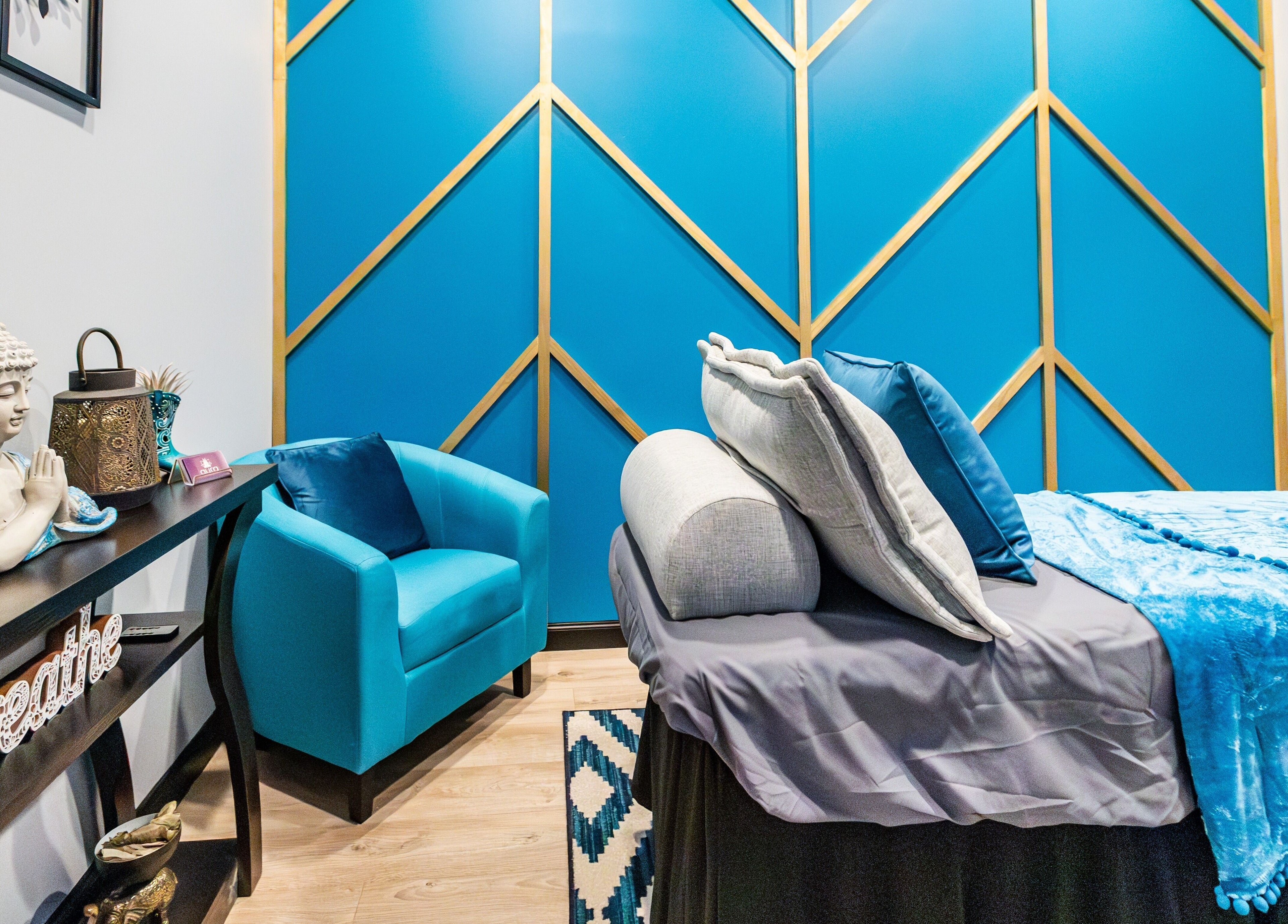 Calming therapy room at Aura Holistic and Metaphysical Wellness, Spring, Texas, US, features serene decor.