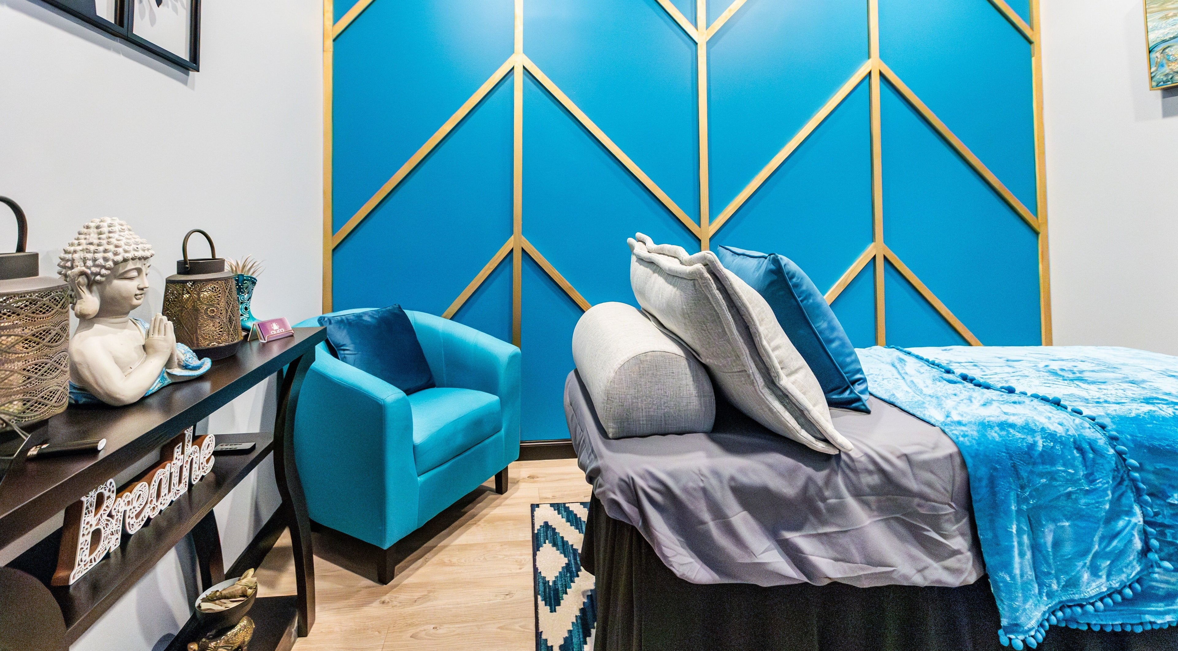 Calming therapy room at Aura Holistic and Metaphysical Wellness, Spring, Texas, US, features serene decor.