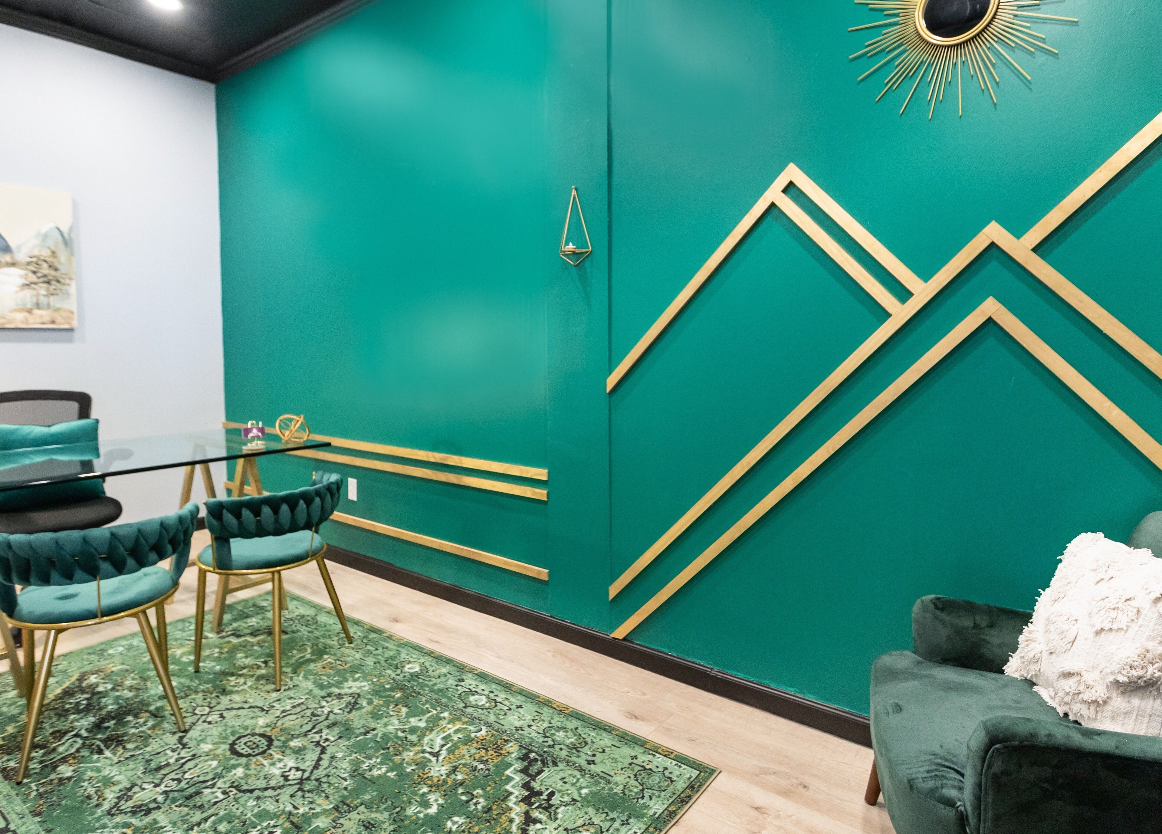 Elegant office with teal decor at Aura Holistic and Metaphysical Wellness, Spring, Texas, US.