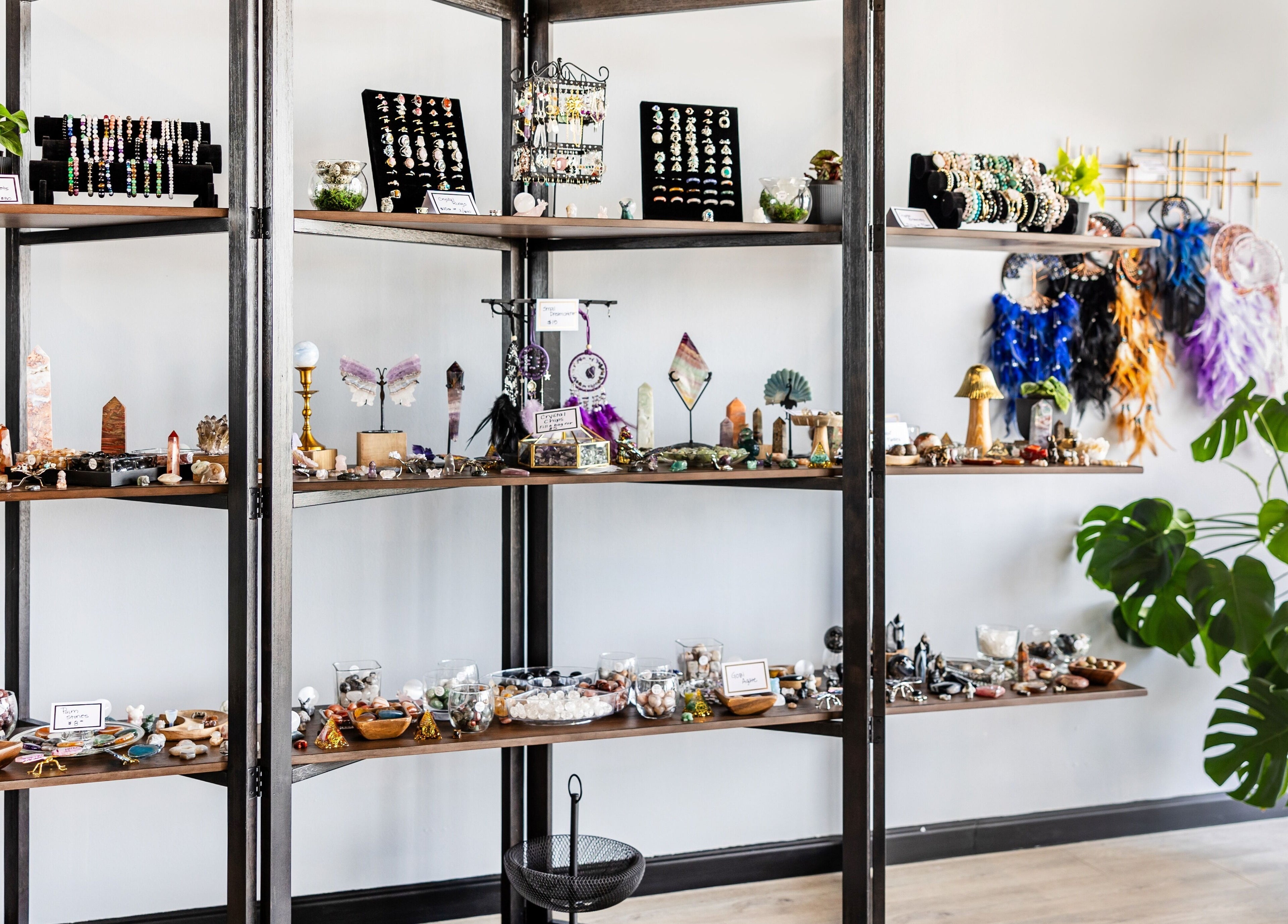 Display of crystals and dreamcatchers at Aura Holistic and Metaphysical Wellness in Spring, Texas, US.