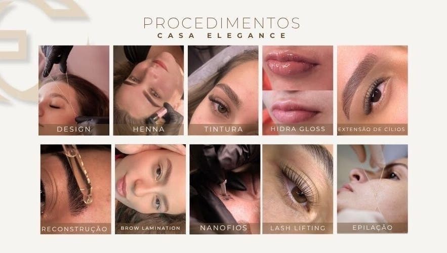 Procedimentos de beleza na Casa Elegance, Espírito Santo, BR: design, henna, cílios e mais.