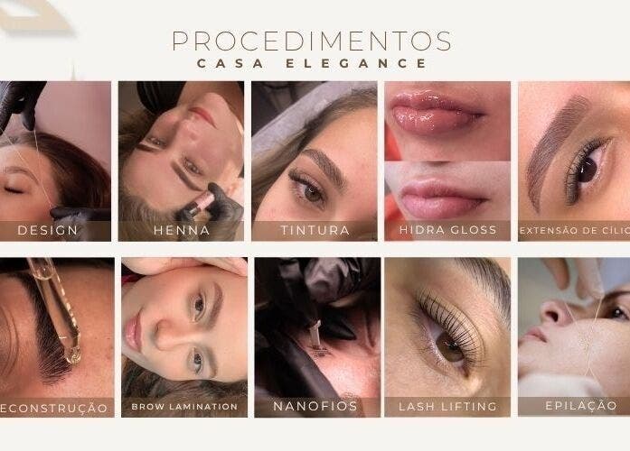 Procedimentos de beleza na Casa Elegance, Espírito Santo, BR: design, henna, cílios e mais.