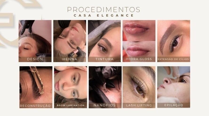 Procedimentos de beleza na Casa Elegance, Espírito Santo, BR: design, henna, cílios e mais.
