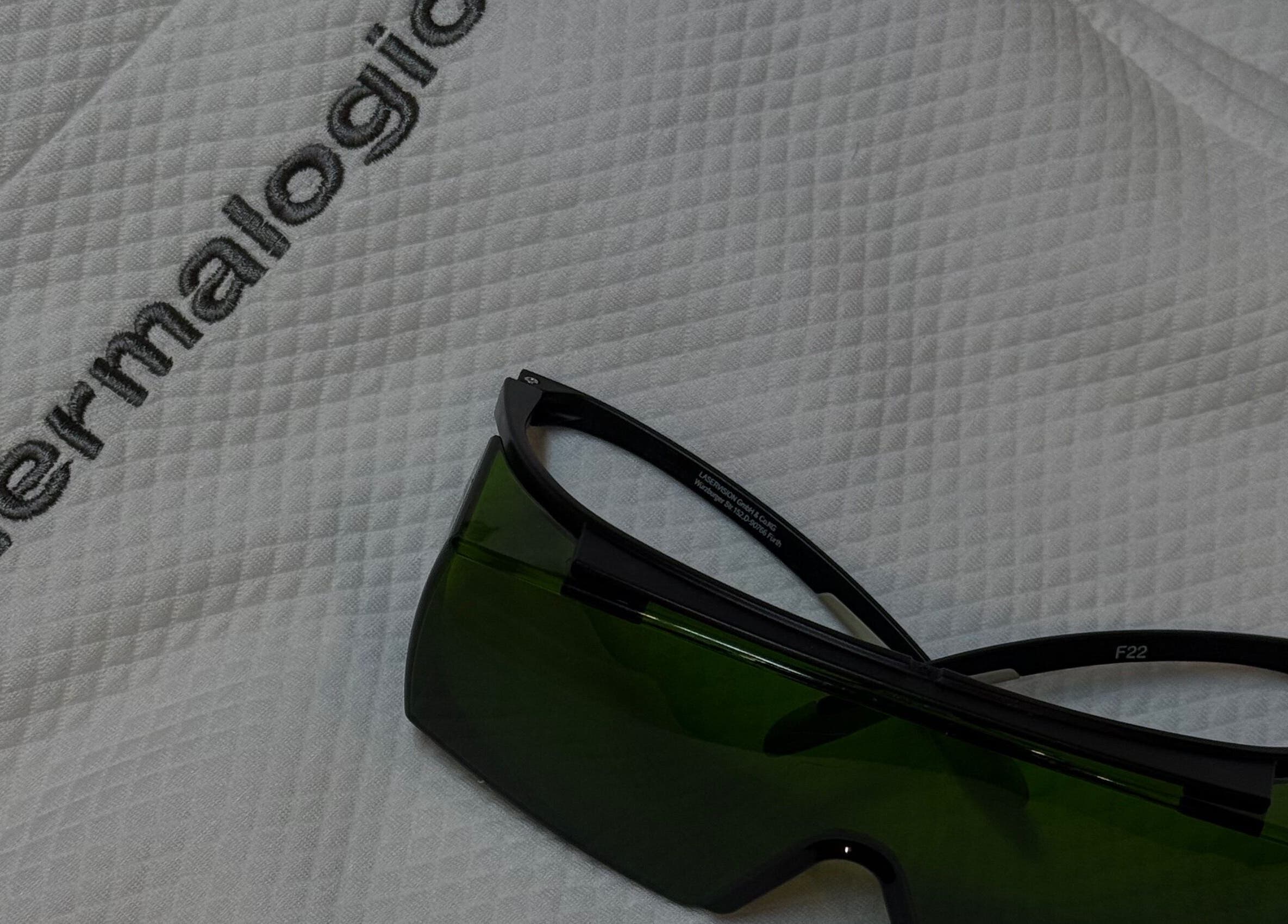 Protective eyewear on Dermalogica fabric at Aleestheticss, Laval, Québec, CA.