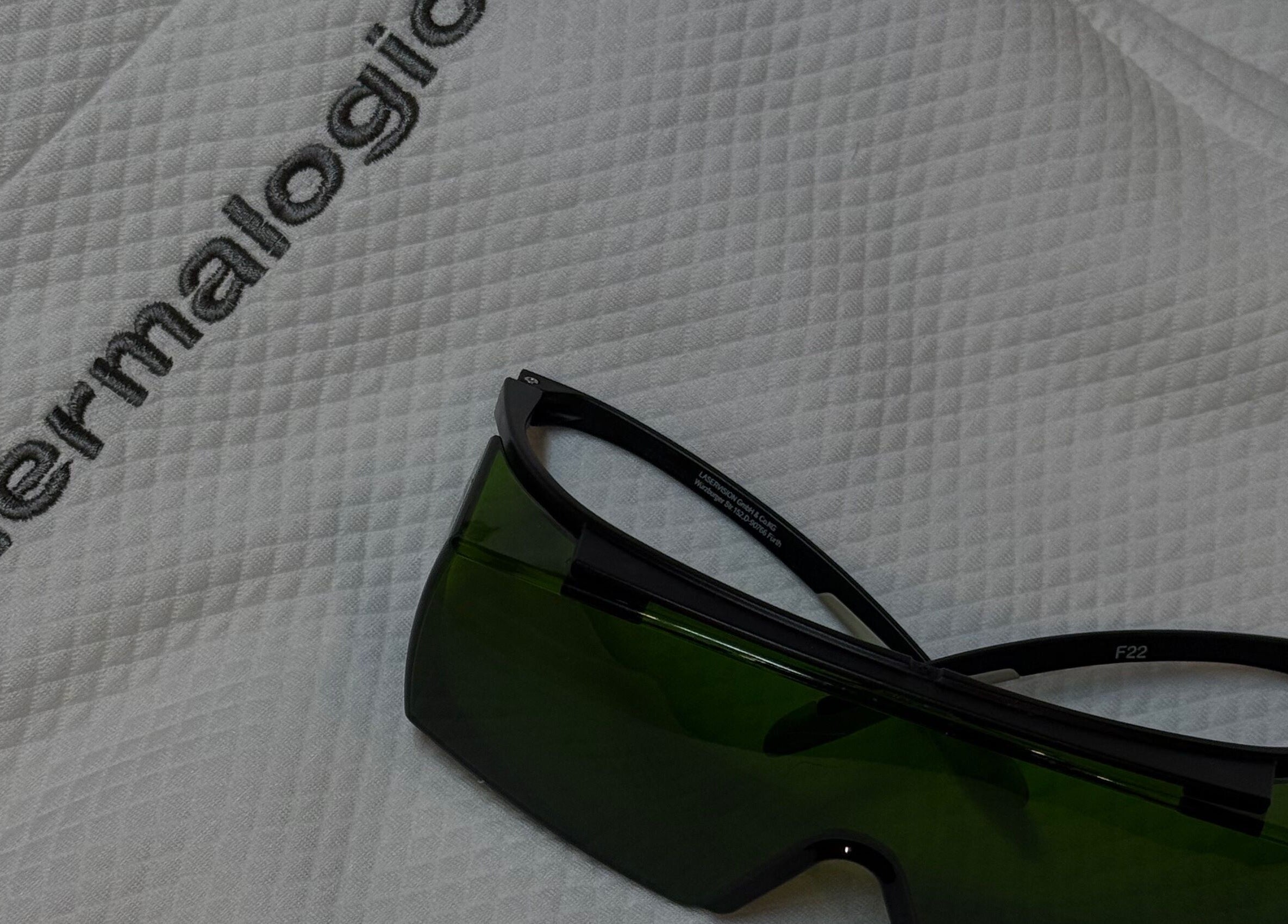 Protective eyewear on Dermalogica fabric at Aleestheticss, Laval, Québec, CA.